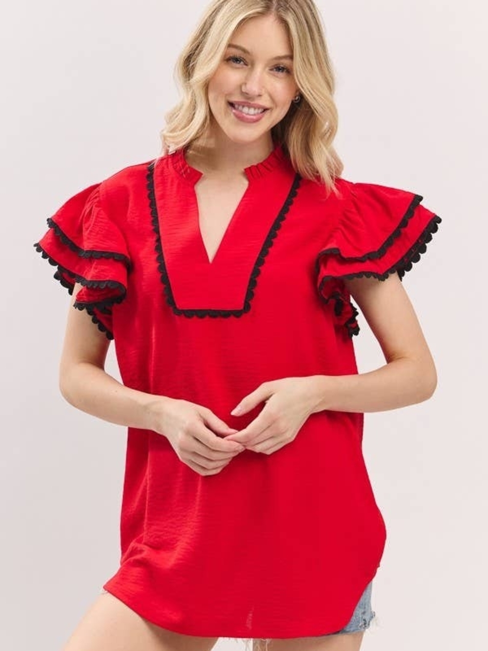 Red Flutter Sleeve Blouse with Black Trim